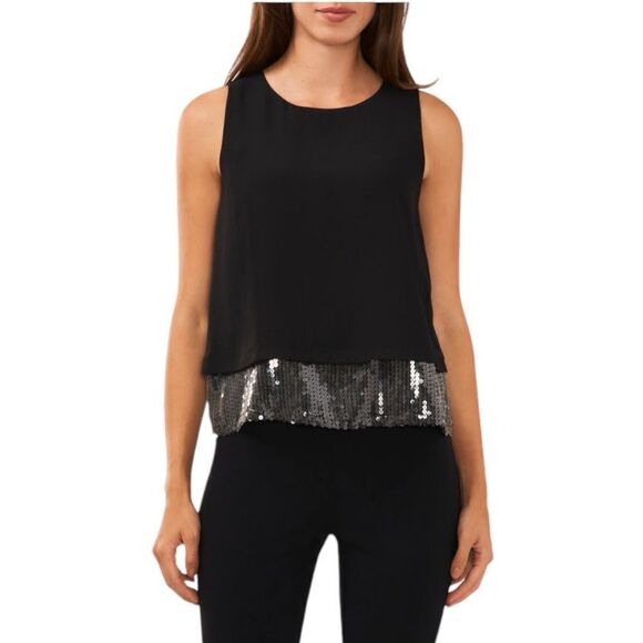 HALOGEN Sequin Trim Sleeveless Top In Rich Black - Picture 1 of 7